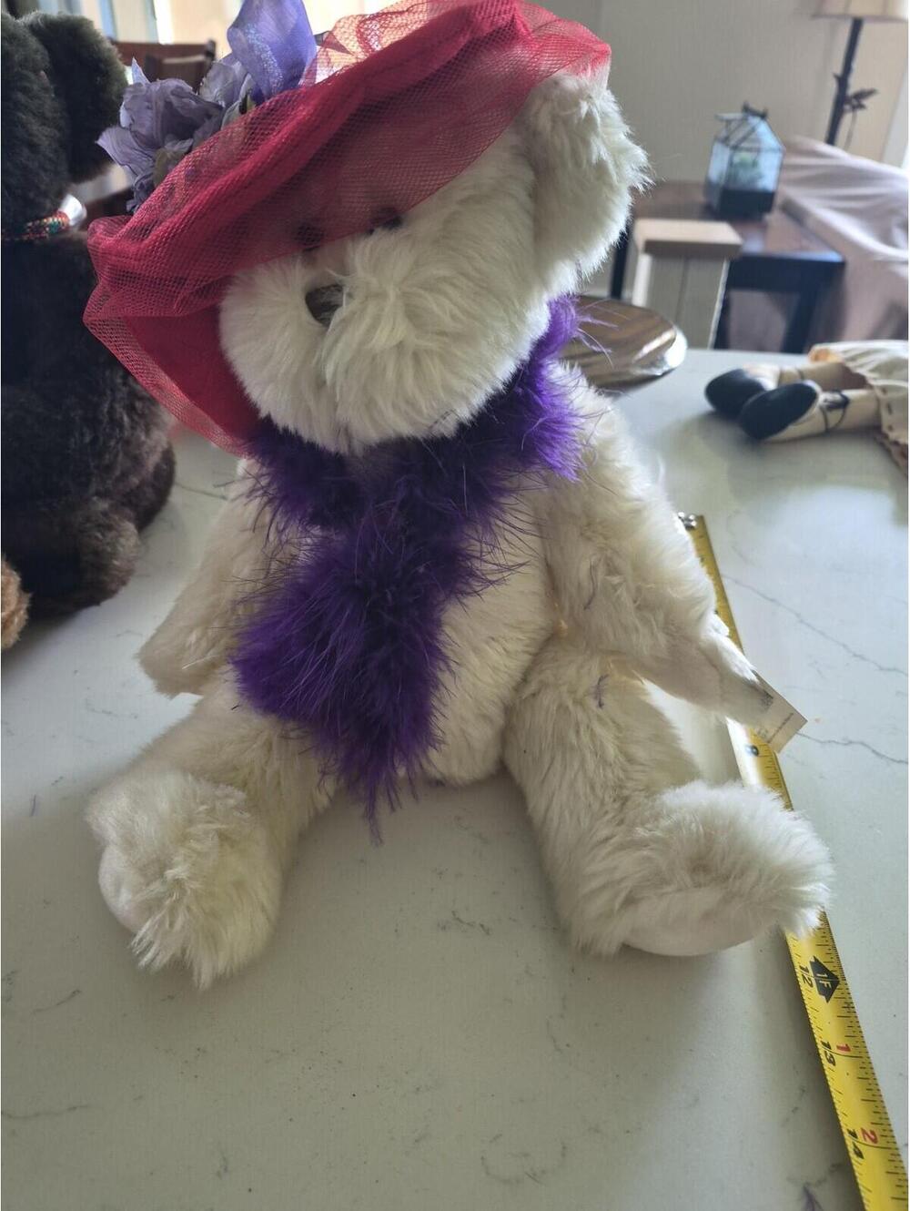 Vintage Ganz Ruby Plush Teddy Bear Toy White Cream Purple Feather Boa Fancy 15”